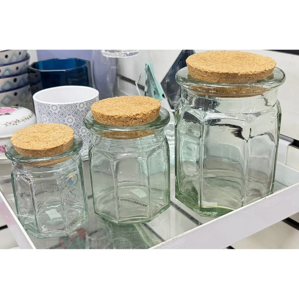 Mediterranean Hexagonal Glass Canister Set 3 Piece Cork Lid Storage Jars Clear